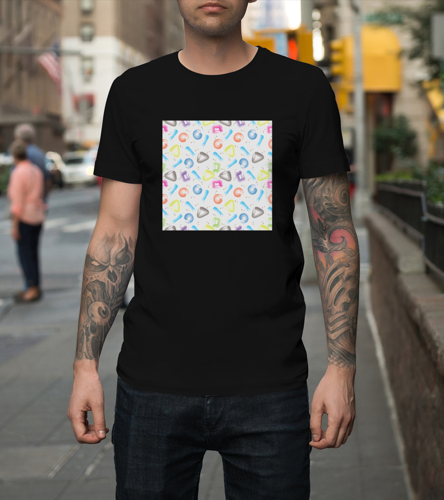 Colorful Seamless Geometric Painted Shapes Pattern in Bright Rainbow Hues T-Shirt