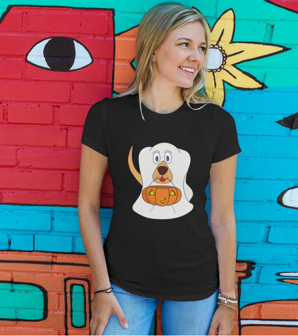 Trick Or Treat Dog Ghost With Pumpkin Basket T-Shirt