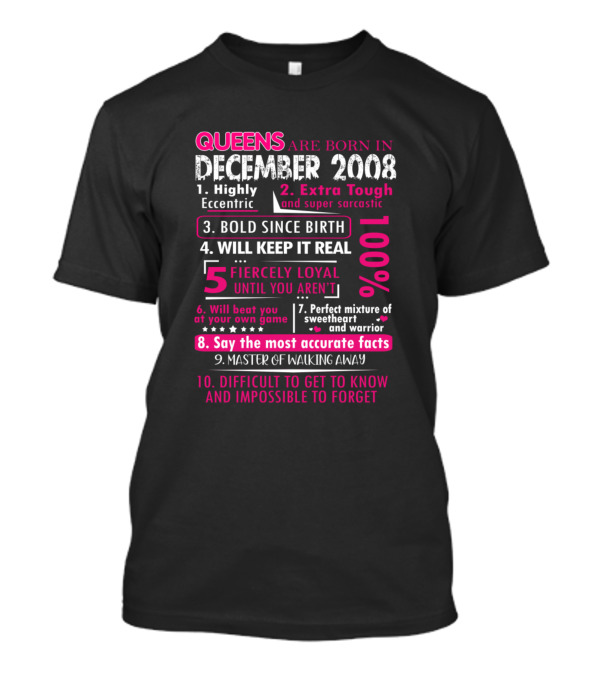 Queens Born In December 2008 Fiercely Loyal And Perfect Mix Of Sweetheart And Warrior T-Shirt