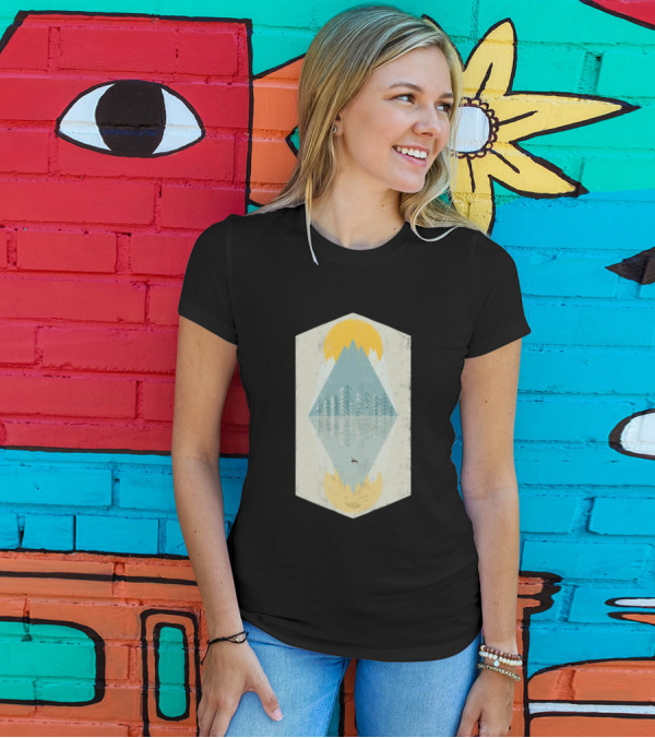 Sillience Lake Mountain Reflection Sun And Canoe T-Shirt