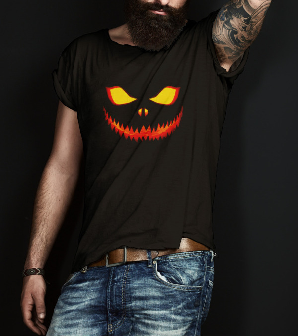 Halloween Pumpkin Scary Face Glowing Eyes And Fiery Grin T-Shirt
