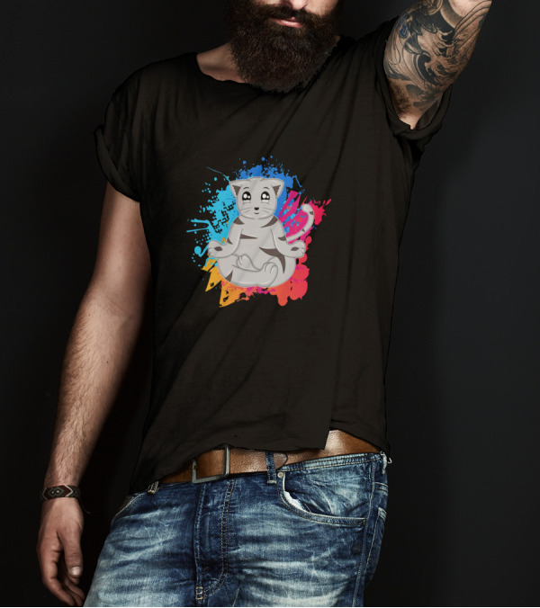 Cat Yoga Meditating On Colorful Paint Splash T-Shirt