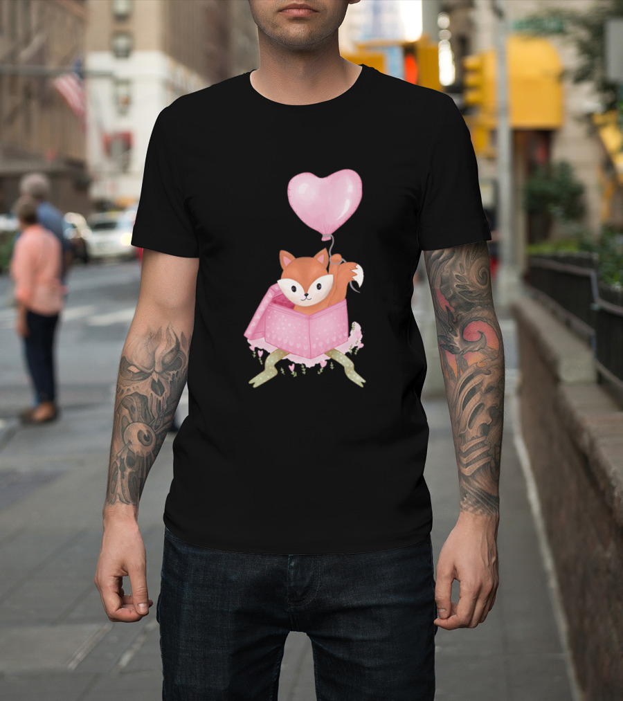 Fox in Pink Heart Balloon Box Valentines T-Shirt