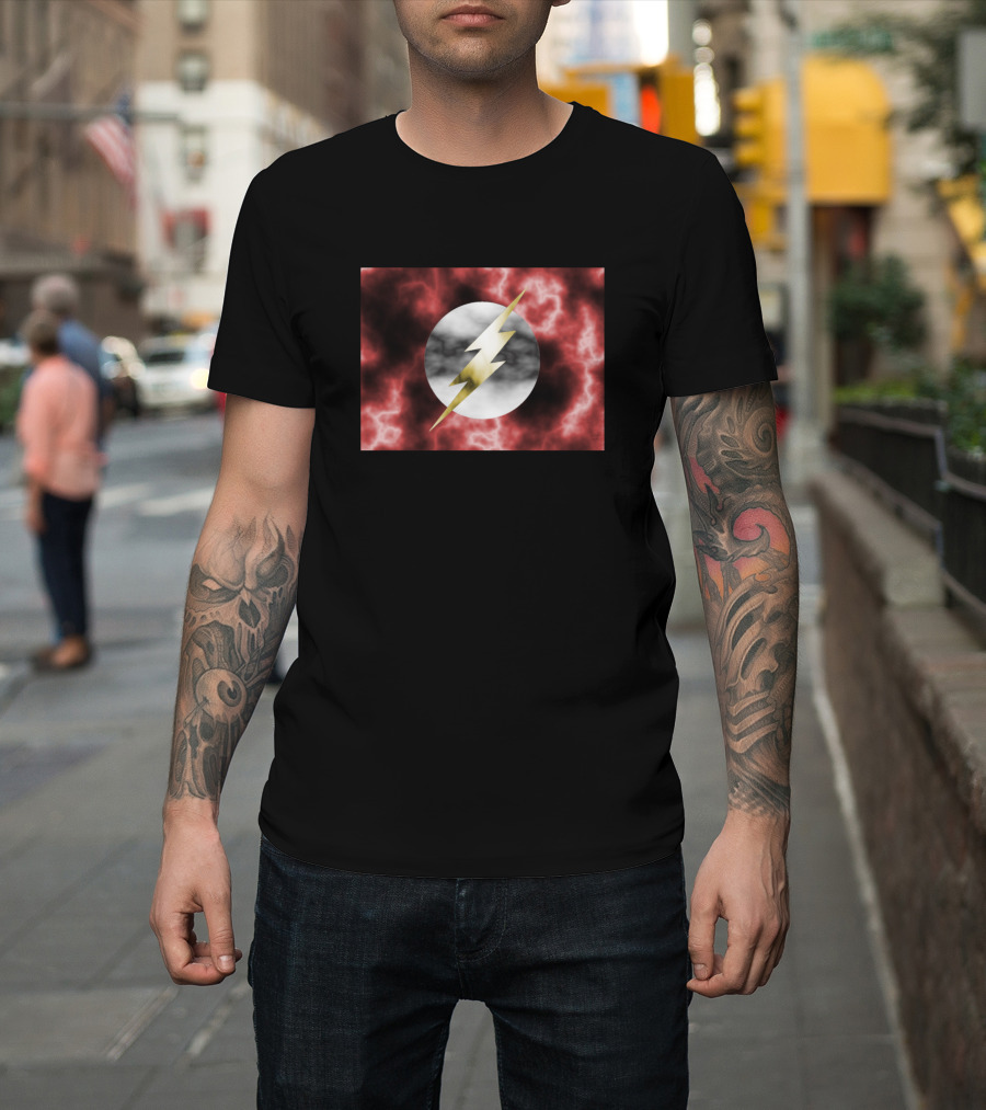The Flash Lightning Bolt Circle Over Red and Black Stormy Background T-Shirt