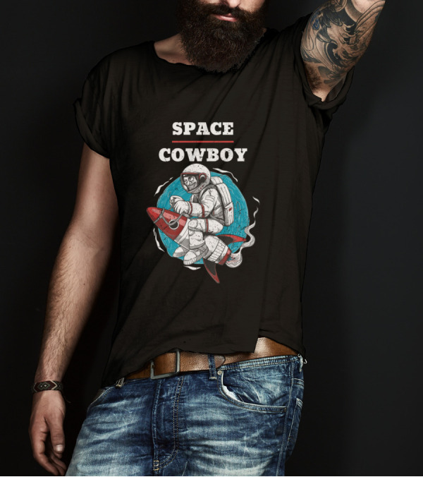 SPACE COWBOY Astronaut Riding Rocket Cartoon T-Shirt