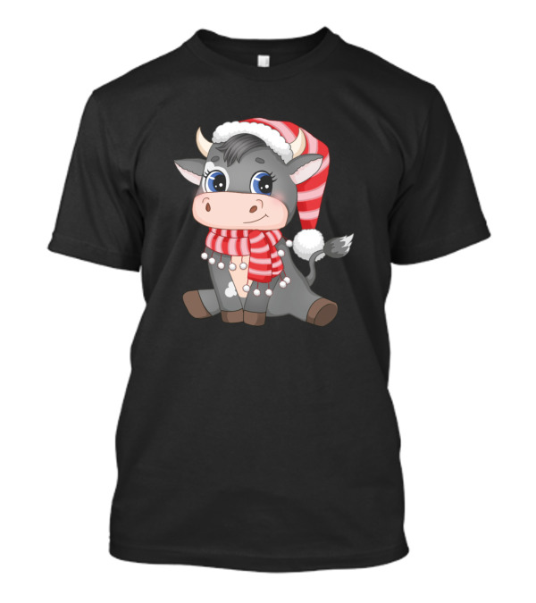 Christmas Sitting Cute Cow With Santa Hat And Scarf T-Shirt