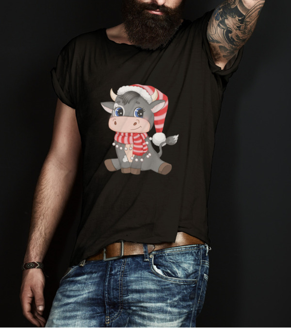 Christmas Sitting Cute Cow With Santa Hat And Scarf T-Shirt