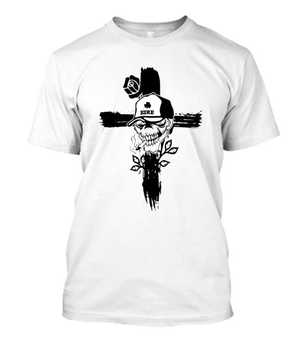 Eire Skull With Shamrock Hat And Cross Motif T-Shirt