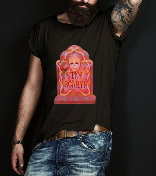 Stay Scary Halloween Tombstone With Skull And Bloody Handprint T-Shirt