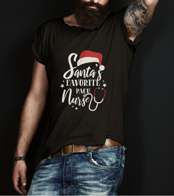 Santa's Favorite PACU Nurse Stethoscope And Christmas Hat T-Shirt