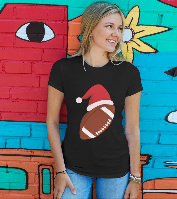 Santa Claus Hat And American Football Merry Christmas T-Shirt
