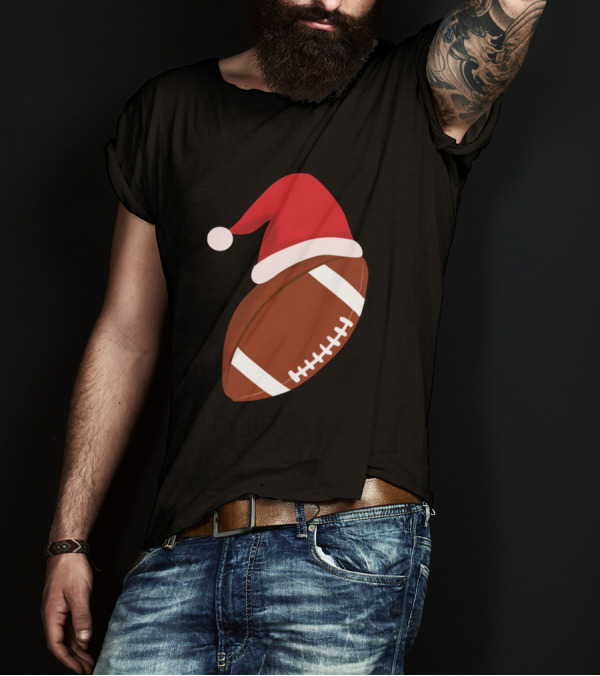 Santa Claus Hat And American Football Merry Christmas T-Shirt