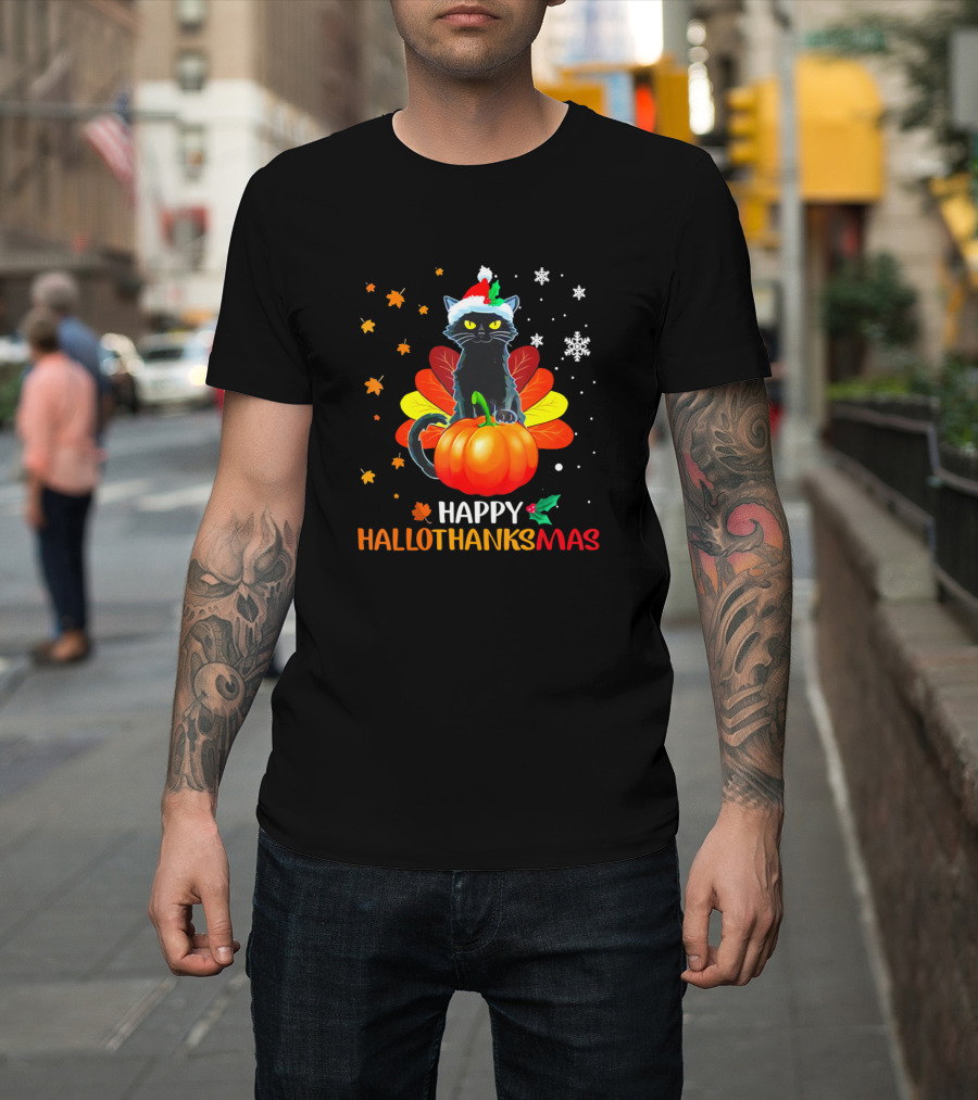 Happy Hallothanksmas Black Cat Pumpkin Snowflakes T-Shirt