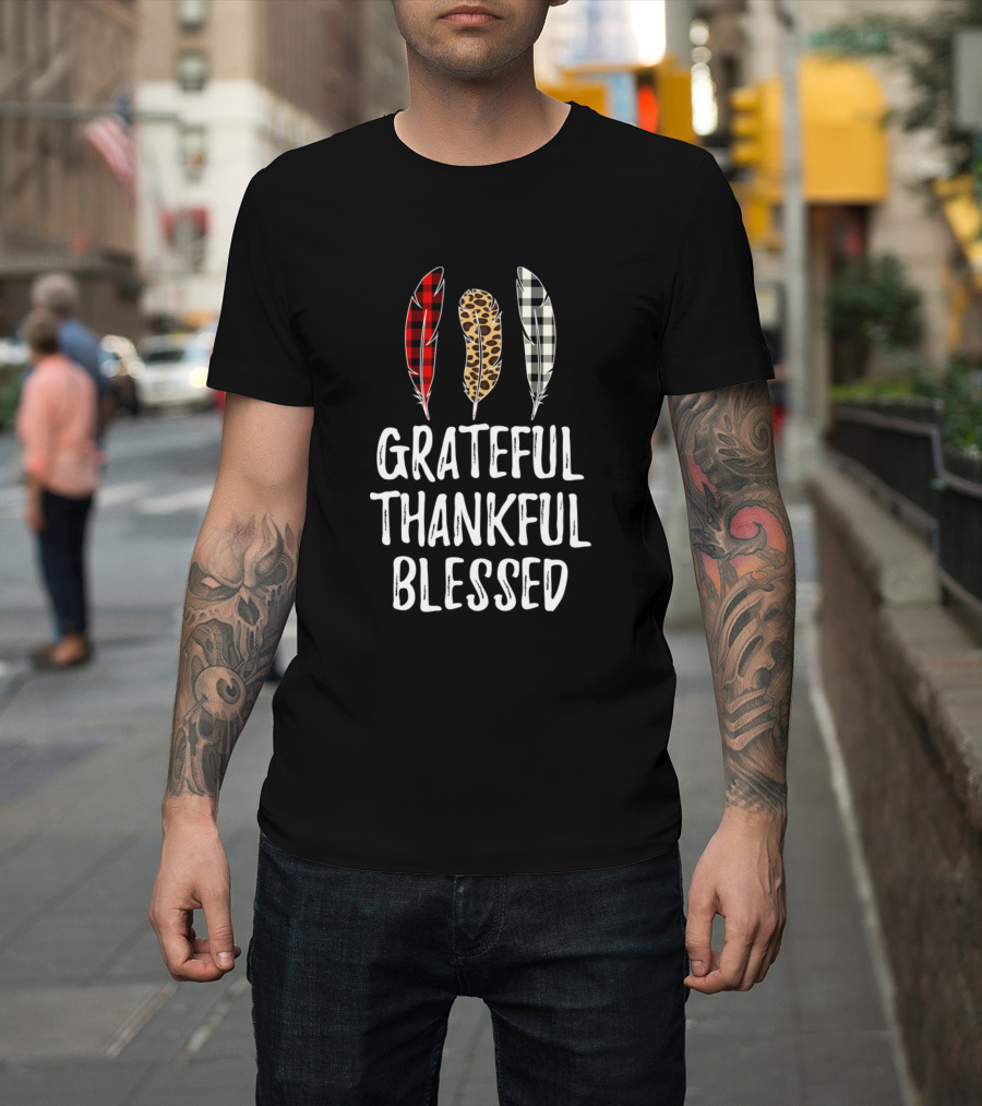 Grateful Thankful Blessed Plaid Leopard Feathers T-Shirt