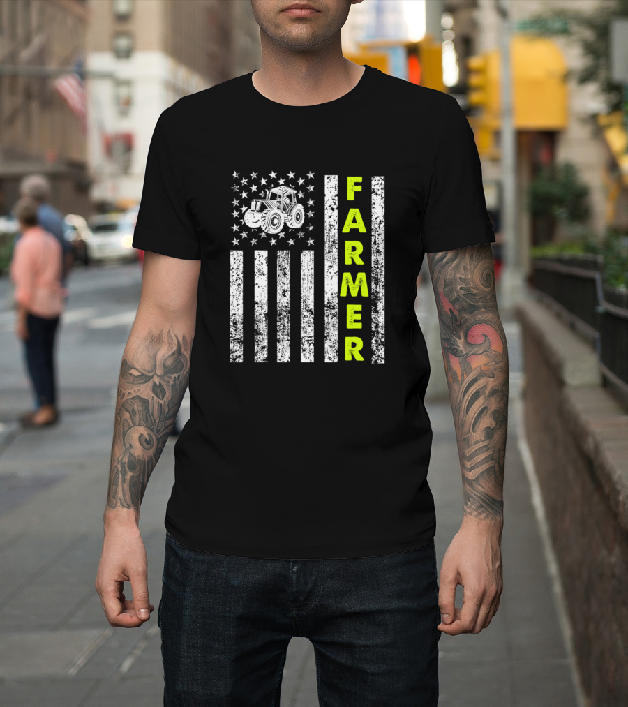 Patriotic Tractor with Stars and Stripes Farmer Flag T-Shirt
