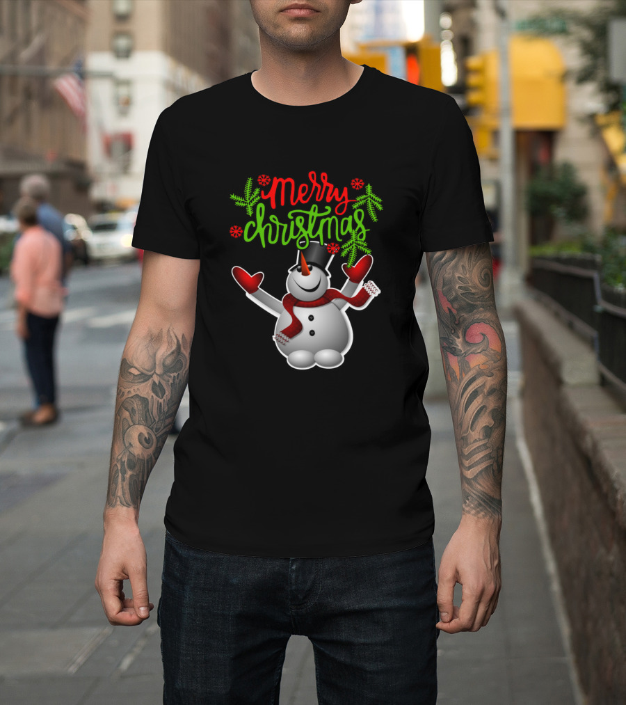 Merry Christmas Snowman with Red Scarf and Mittens T-Shirt