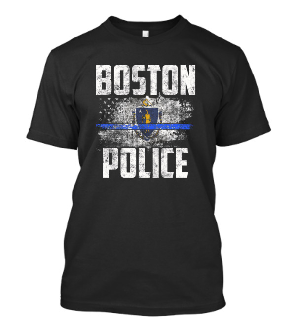 Boston Police Vintage Thin Blue Line Massachusetts Flag T-Shirt