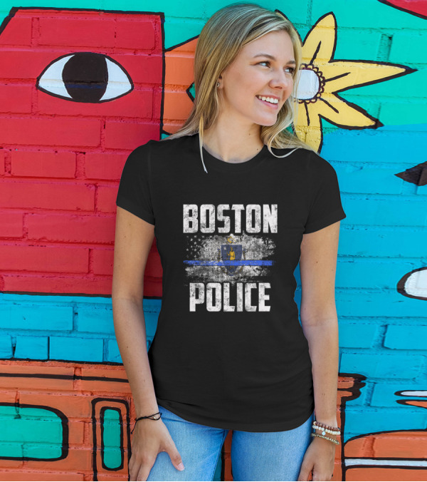 Boston Police Vintage Thin Blue Line Massachusetts Flag T-Shirt