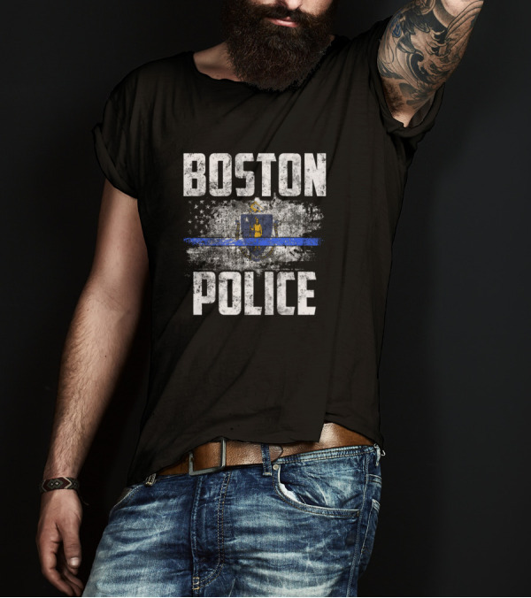 Boston Police Vintage Thin Blue Line Massachusetts Flag T-Shirt