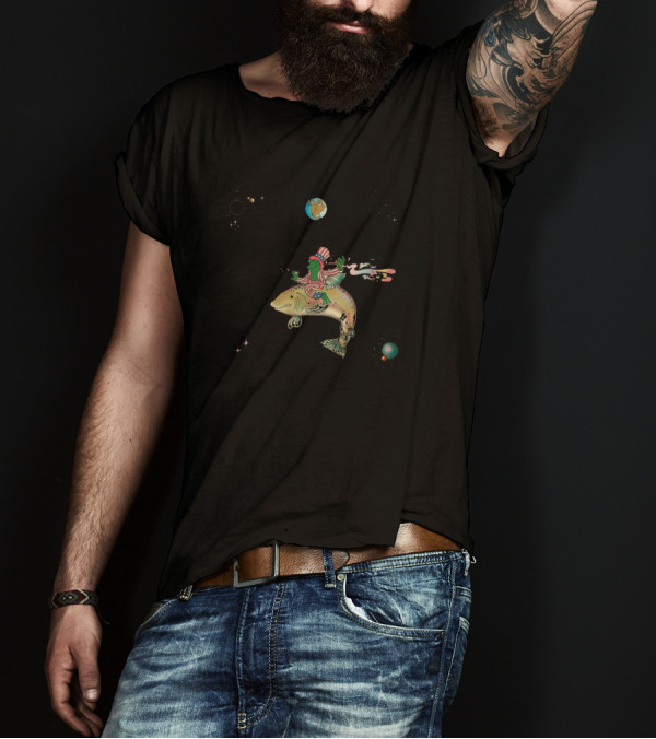 Space Voyager Fish With Frog Rider In Striped Hat T-Shirt