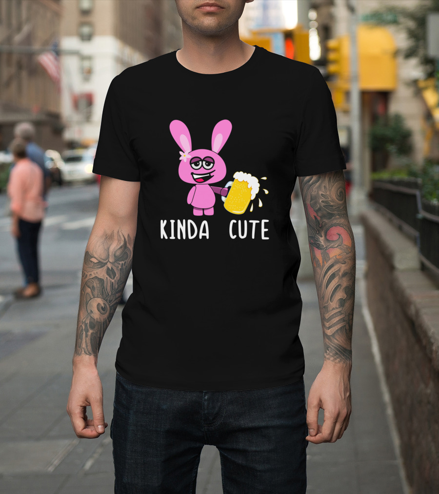 Kinda Cute Pink Rabbit Holding Beer Suspicious Expression T-Shirt