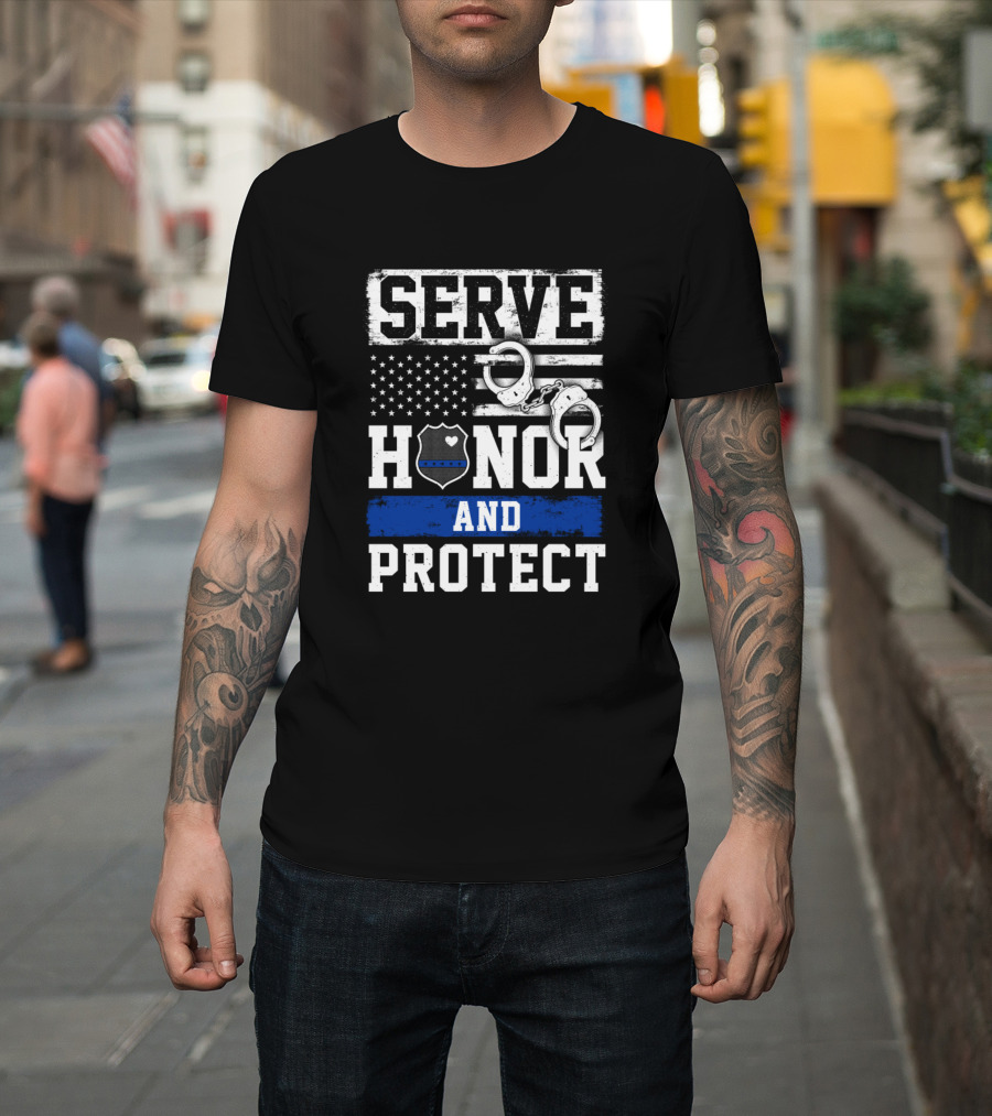 Serve Honor Protect American Flag Handcuffs Badge Blue Line T-Shirt