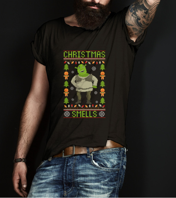 Shrek Christmas Smells Ugly Sweater Design Gingerbread Trees Lights T-Shirt
