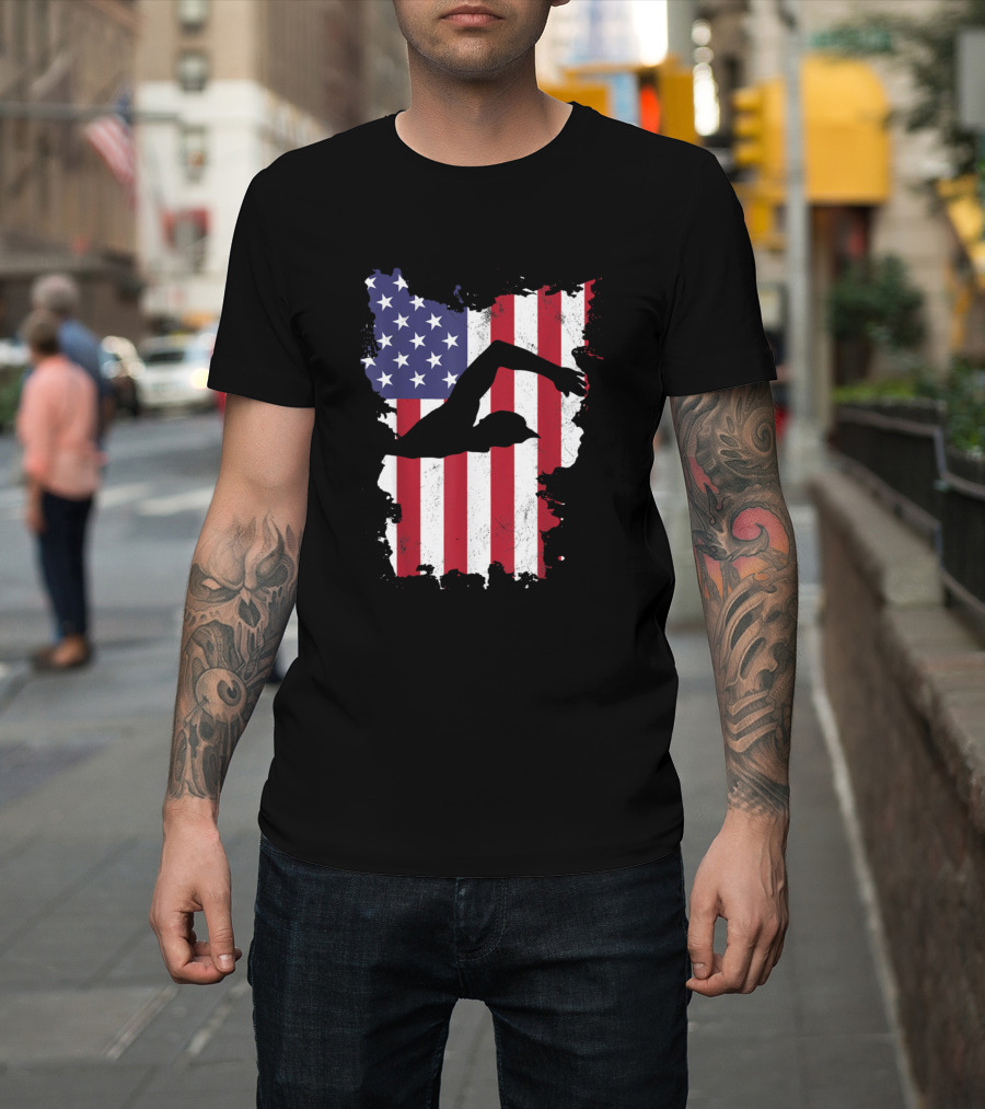 USA Flag Swimmer 4th of July Swimming泳 T-Shirt
