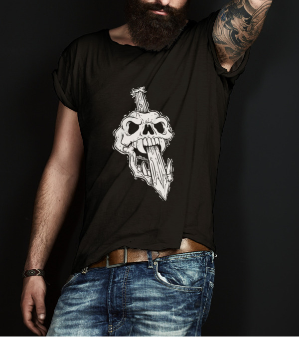 Staked Skull With Dagger Through Eye And Mouth T-Shirt