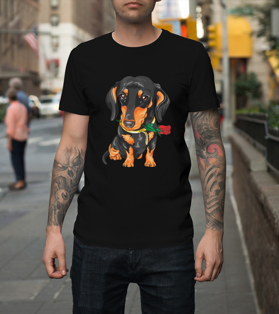 Dachshund Dog With Red Rose Flower T-Shirt