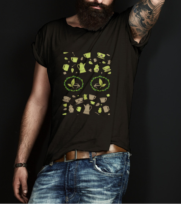 Green Tea Leaves Cups And Kettles T-Shirt