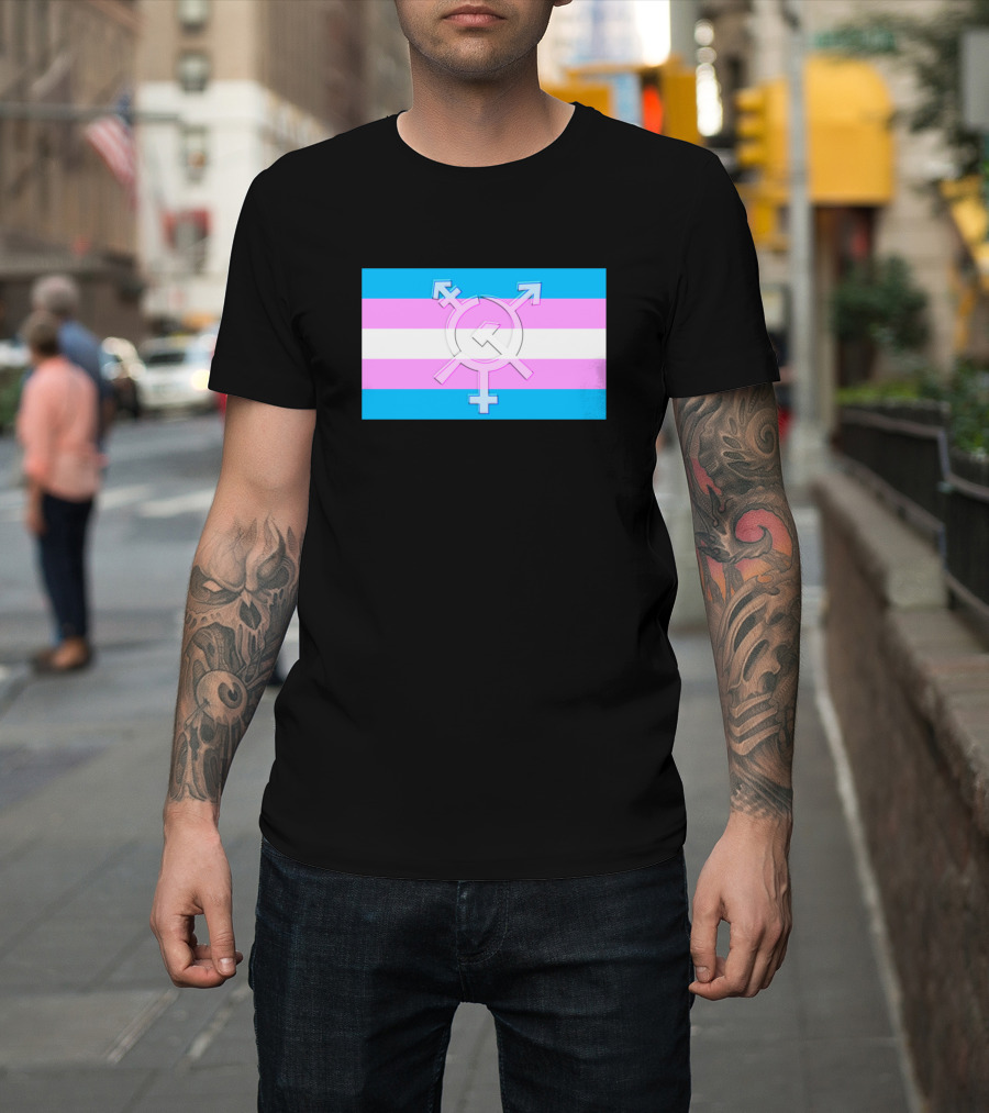 Trans Communist Pride Flag Symbol with Hammer and Sickle Over Transgender Colors T-Shirt