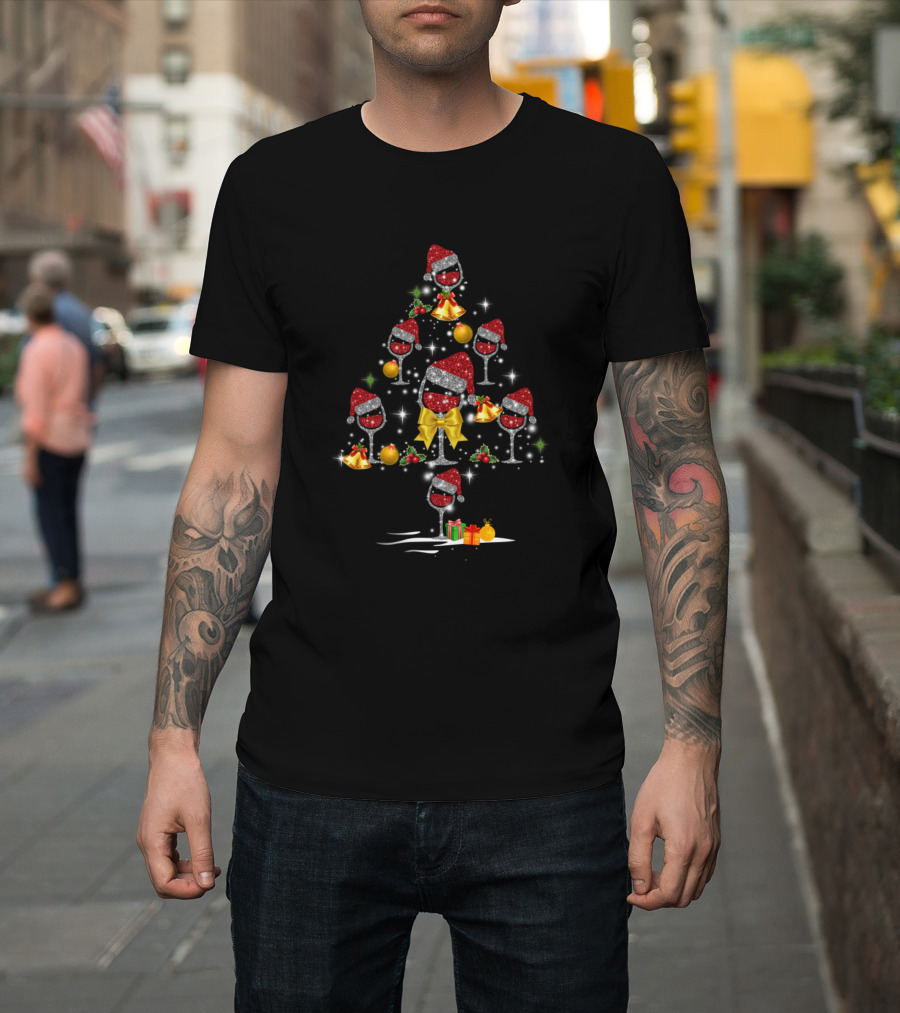 Christmas Wine Tree Santa Hats Glitter Ornaments Holiday Lights T-Shirt