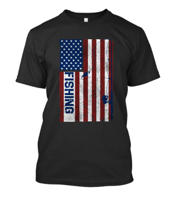 Vintage American Flag Fishing Rod Patriotic Bass Fishing T-Shirt
