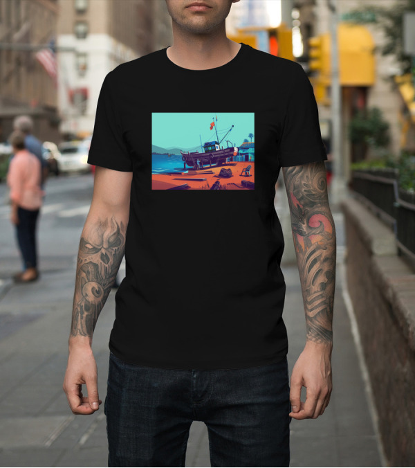 Shirt: Get Ready to Conquer the Seas with Vibrant Coastal Boat Scene T-Shirt Get Ready to Conquer the Seas with Vibrant Coastal Boat Scene T-Shirt