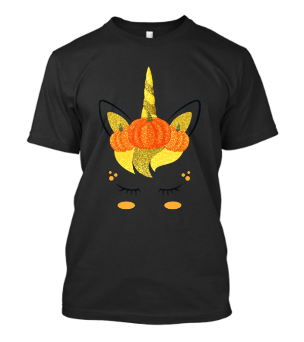 Halloween Unicorn Face With Glitter Pumpkins Girls Thanksgiving T-Shirt
