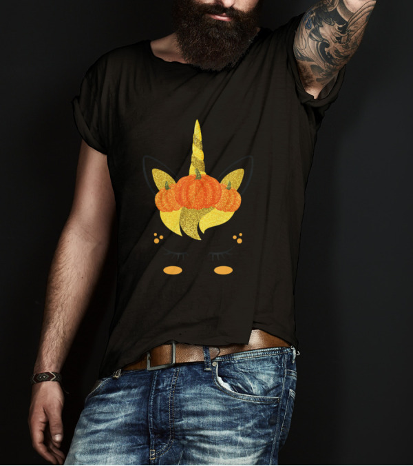 Halloween Unicorn Face With Glitter Pumpkins Girls Thanksgiving T-Shirt