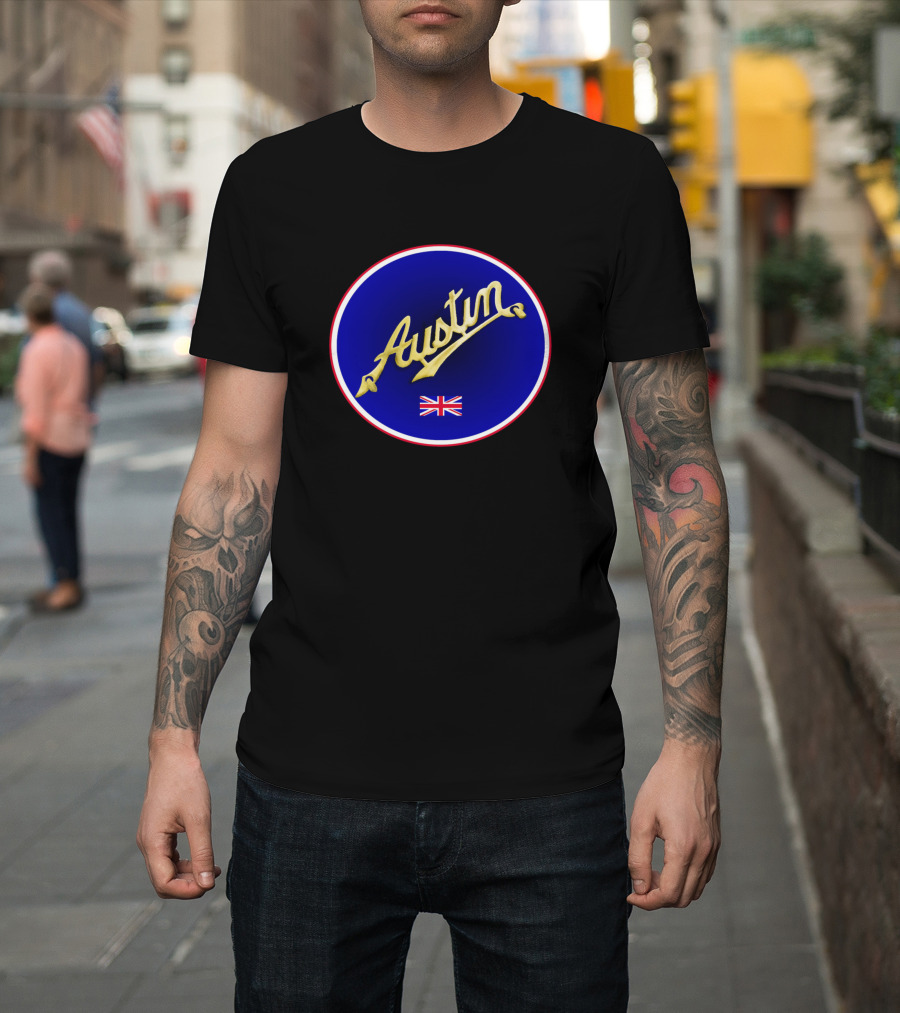 Austin Script Blue Circle British Union Jack Badge T-Shirt