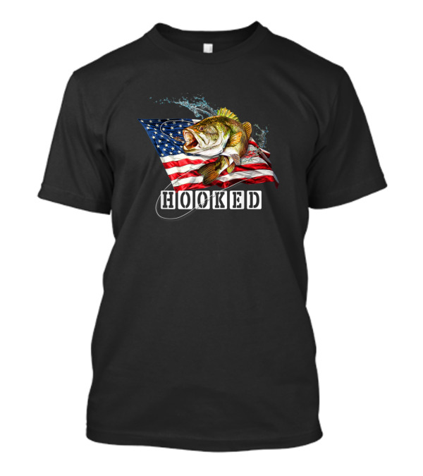 Hooked Bass Fish American Flag Fishing Fisherman T-Shirt