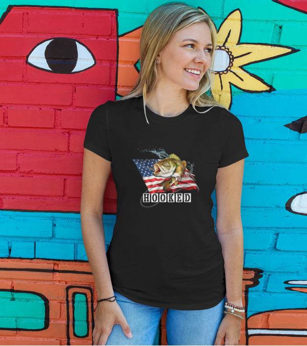 Hooked Bass Fish American Flag Fishing Fisherman T-Shirt