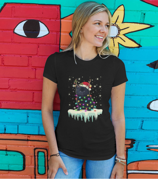 Cute Nightmare Christmas Dog Wrapped In Lights And Santa Hat T-Shirt