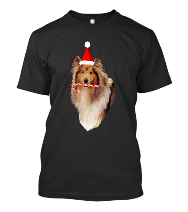 Christmas Santa Hat Candy Cane Collie Dog T-Shirt