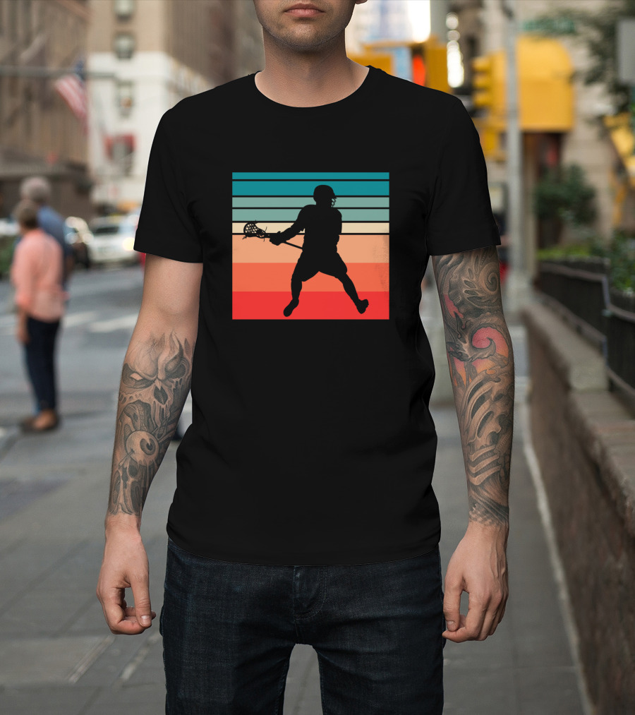 Retro Lacrosse Player Silhouette on Striped Sunset Background T-Shirt