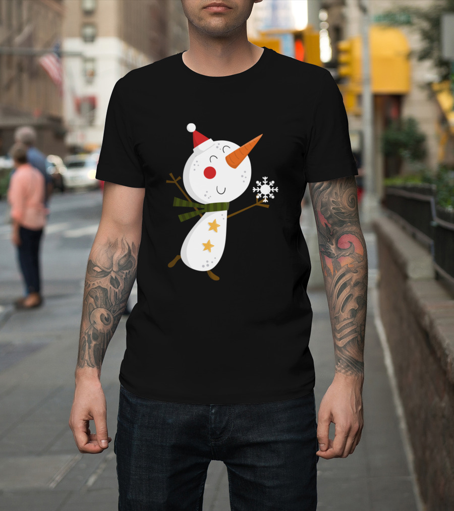 Snowman with Santa Hat Holding Snowflake and Green Scarf T-Shirt