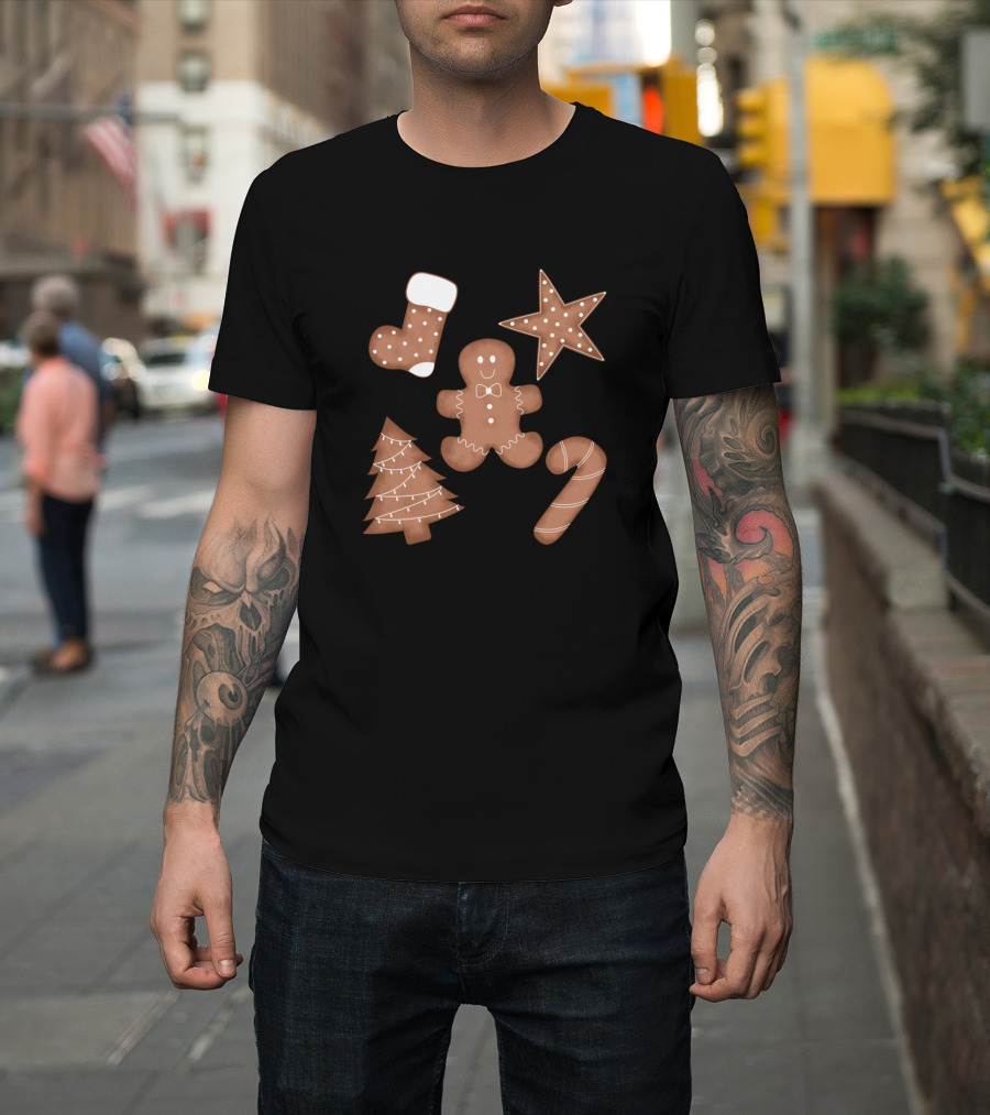 Cute Gingerbread Cookies with Christmas Tree Star Stocking and Candy Cane T-Shirt