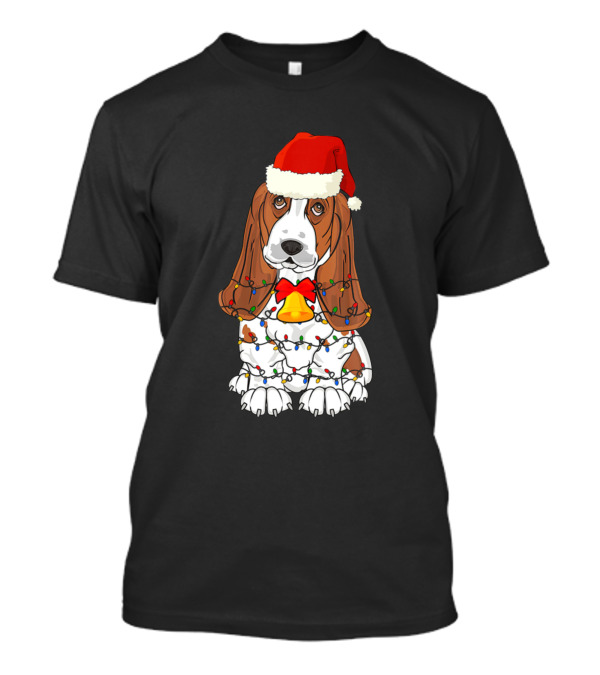 Basset Hound Santa Hat With Christmas Tree Lights And Bell T-Shirt