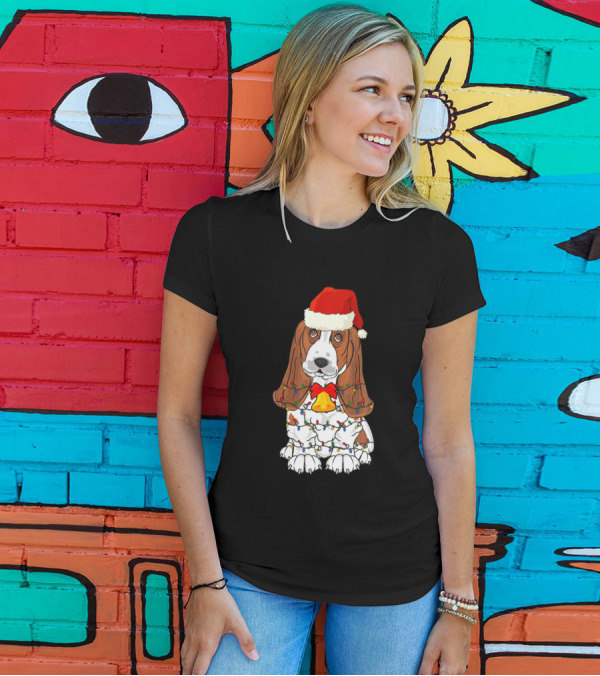 Basset Hound Santa Hat With Christmas Tree Lights And Bell T-Shirt