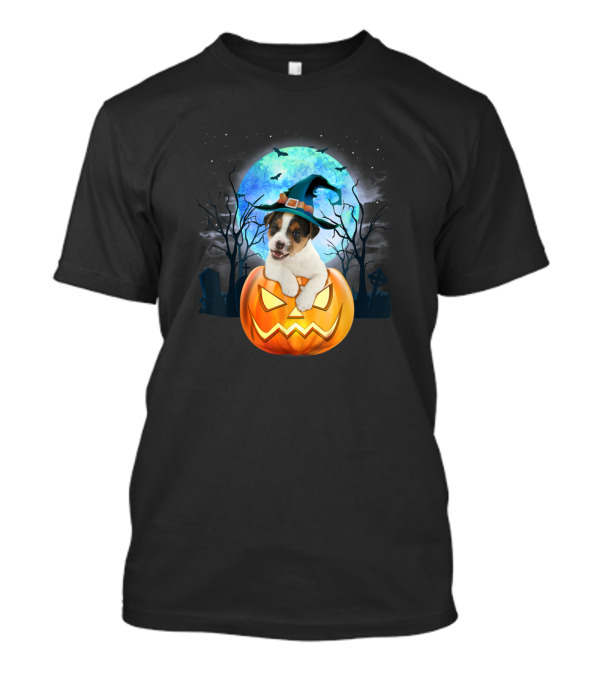 Jack Russell Terrier In Witch Hat With Pumpkin And Full Moon Halloween Scene T-Shirt