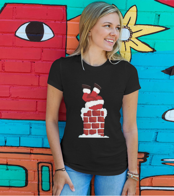 Santa Claus Stuck In Chimney Legs Up Holiday Fun T-Shirt