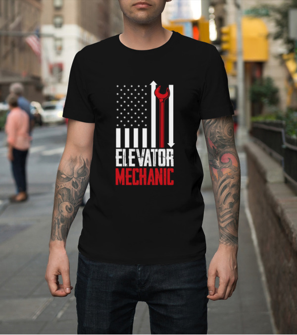 Shirt: Elevator Mechanic American Flag Stars Stripes Wrench T-Shirt Elevator Mechanic American Flag Stars Stripes Wrench T-Shirt